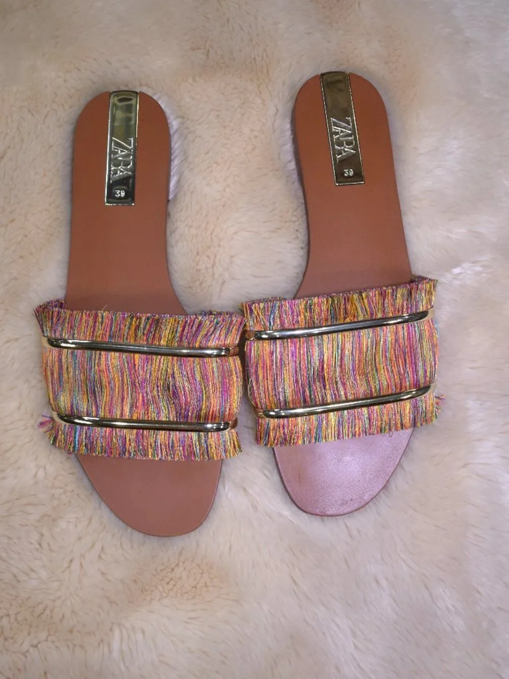 Zara Colorful Fringe Slide Sandals Size 39/8 Boho Summer Vacation Flats - Picture 3 of 12